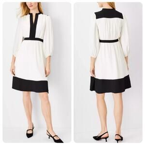 Ann Taylor Ivory & Black Color-block 3/4 Sleeve Flare Dress Women’s Size 10